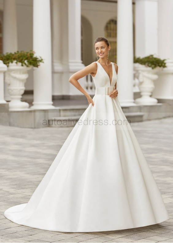 V Neck Ivory Satin Timeless Wedding Dress